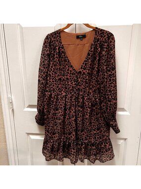 Lulus Small Leopard Print Tiered Romantic Coquette Baby Doll Dress Long Sleeve
